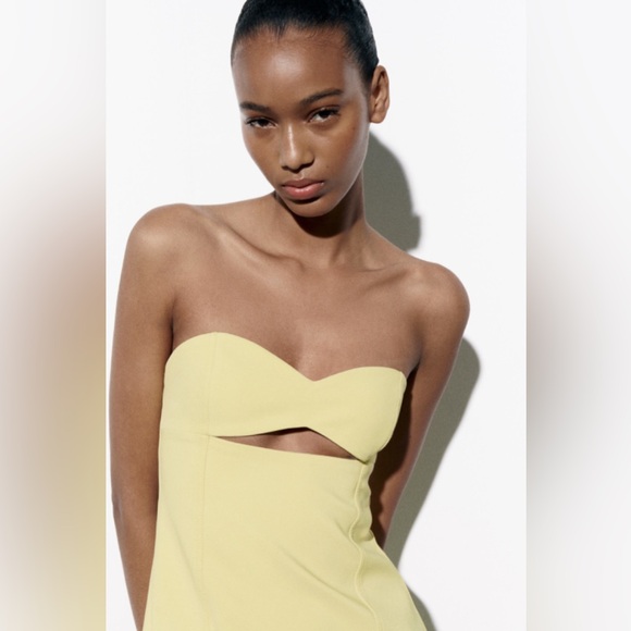 NWT Luxury Spring Summer Party Minimalist Zara Yellow Strapless Cutout Dress - Picture 3 of 12